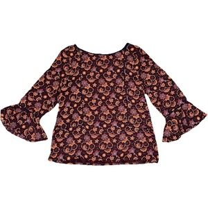 LOFT Top Womens Large Brown Shirt Tunic Bell Sleeve Asymmetrical Hem Floral Boho